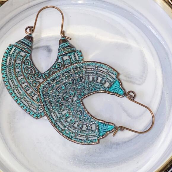 New Native Boho Aztec Turquoise Patina Earrings Hoop Tribal Ornate Rustic - Picture 4 of 4